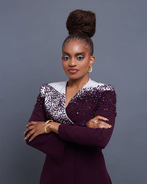 Chikamso hand-beaded amethyst suit — ÉLEVÉ Collection