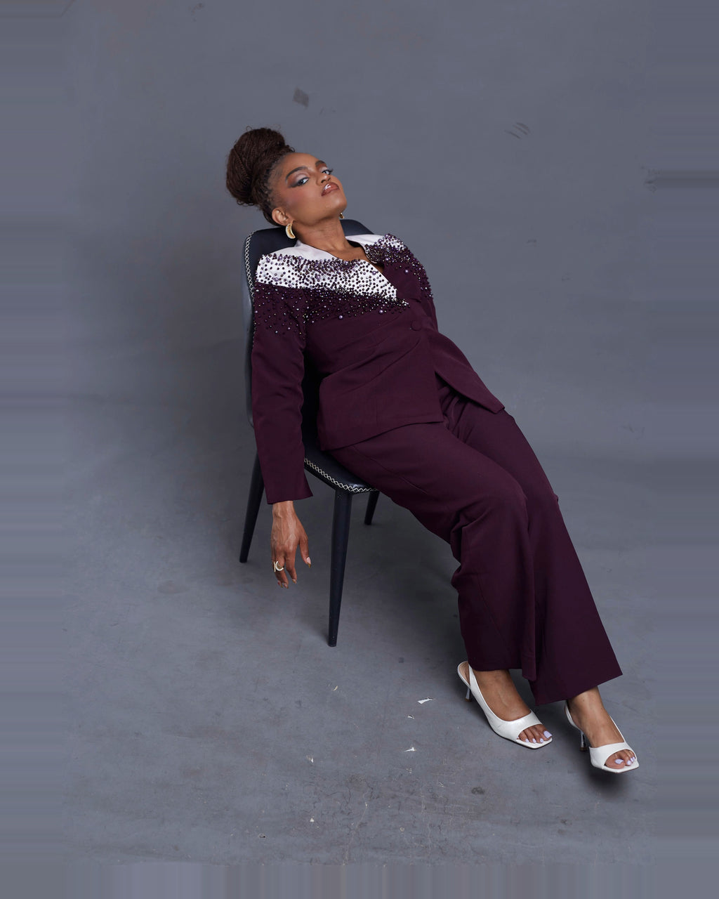 Chikamso hand-beaded amethyst suit, beadwork detail — ÉLEVÉ Collection