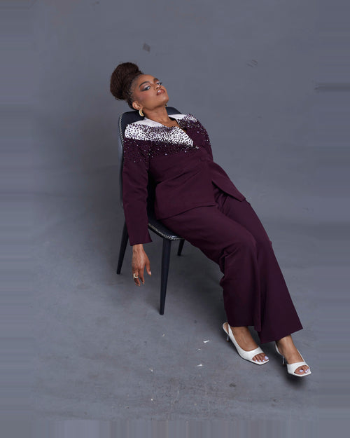 Chikamso hand-beaded amethyst suit, beadwork detail — ÉLEVÉ Collection